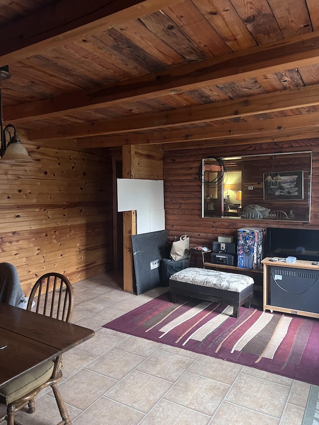 tiled living room featuring wood walls, beamed ceiling, and wood ceiling