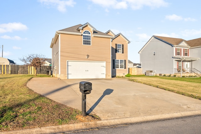 view of property with cooling unit, a front yard, and a garage