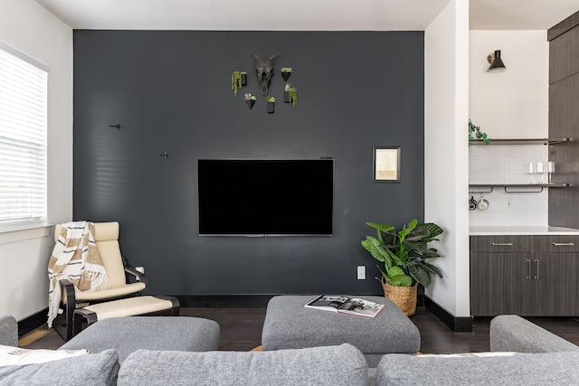 living room with dark hardwood / wood-style floors