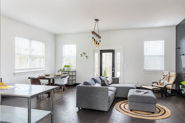 living area featuring dark wood-style floors