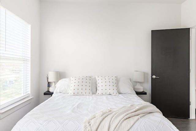 bedroom with dark hardwood / wood-style floors