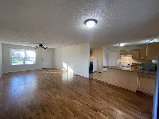 unfurnished living room with a textured ceiling, light hardwood / wood-style floors, and ceiling fan