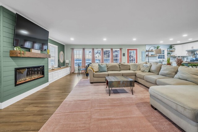 living room featuring a large fireplace and light wood-type flooring