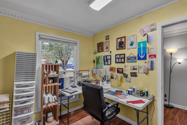 office area with crown molding and wood-type flooring