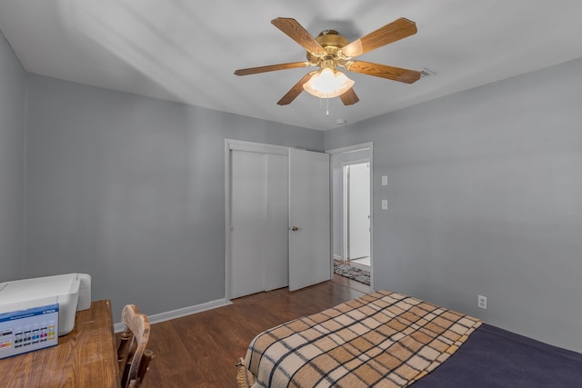 bedroom featuring ceiling fan, dark hardwood / wood-style flooring, and a closet