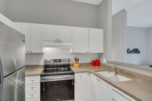 2027 Stokes Ln, Nashville, TN 37215 - kitchen featuring under cabinet range hood, appliances with stainless steel finishes, a sink, decorative backsplash, and white cabinetry