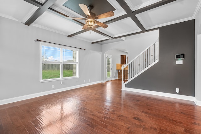 unfurnished living room featuring hardwood / wood-style flooring, ceiling fan, and coffered ceiling