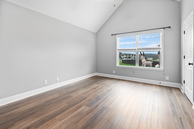 interior space with hardwood / wood-style floors and high vaulted ceiling