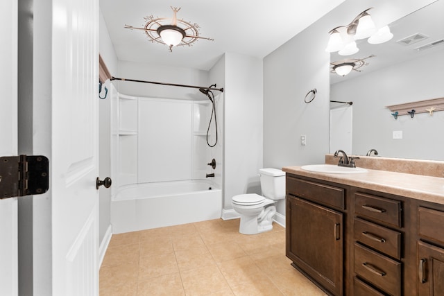 full bathroom with tile patterned flooring, vanity, bathing tub / shower combination, and toilet