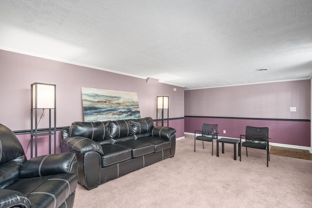 carpeted living room featuring crown molding and a textured ceiling