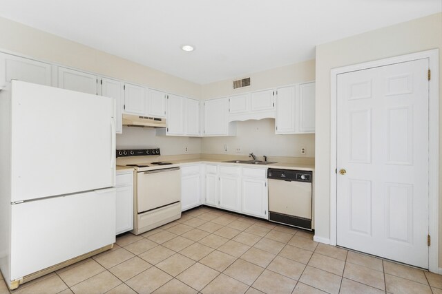 kitchen featuring custom range hood, white cabinets, white appliances, and sink