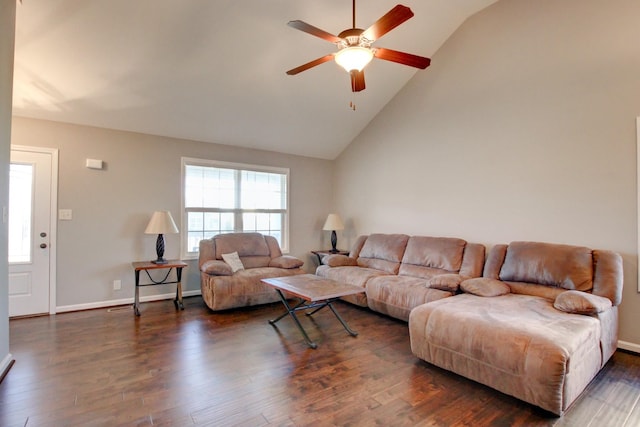 living room featuring ceiling fan, dark hardwood / wood-style floors, and lofted ceiling