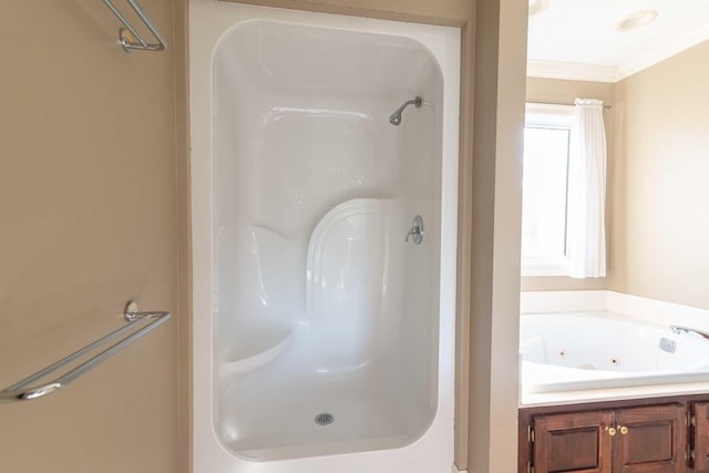 bathroom with a bath and crown molding