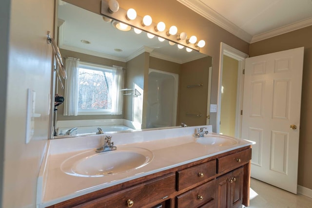 bathroom featuring vanity, a tub to relax in, and ornamental molding