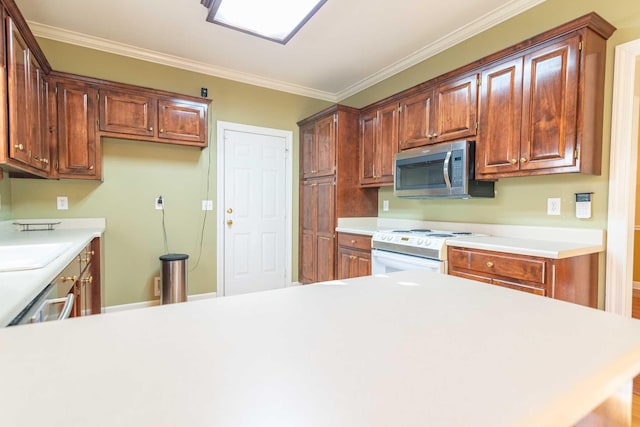 kitchen with kitchen peninsula, appliances with stainless steel finishes, ornamental molding, and sink