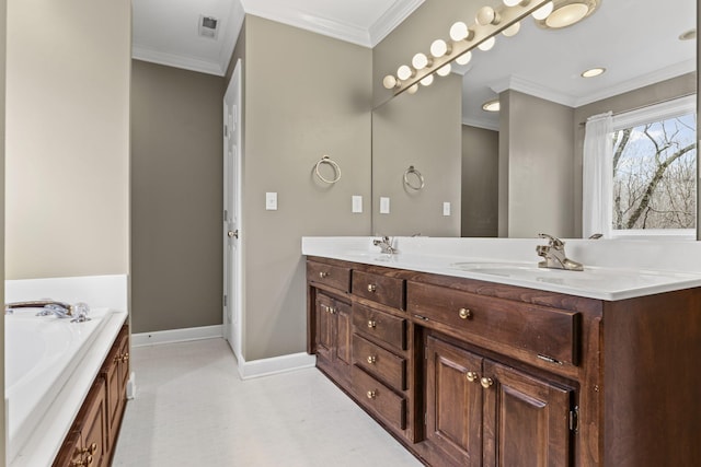 bathroom with a tub to relax in, ornamental molding, and vanity