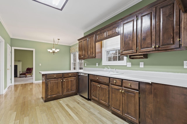 kitchen with pendant lighting, dishwasher, sink, light hardwood / wood-style floors, and kitchen peninsula