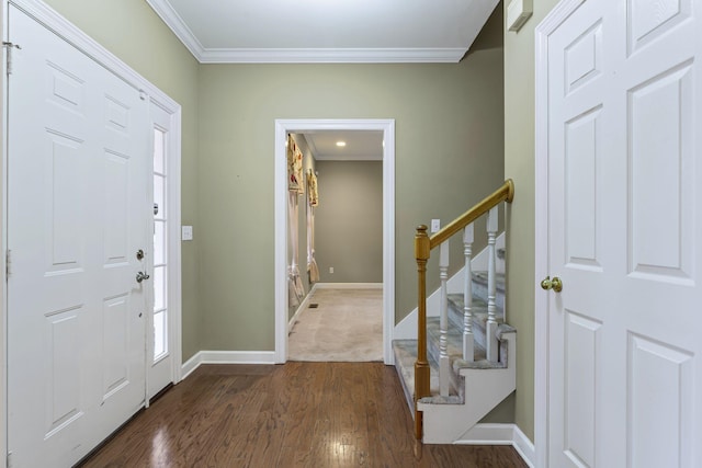 foyer entrance featuring crown molding and dark wood-type flooring