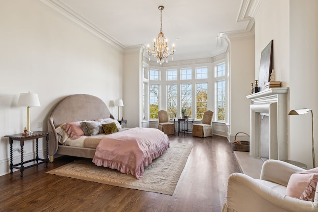 bedroom featuring crown molding, a towering ceiling, a chandelier, and dark hardwood / wood-style floors