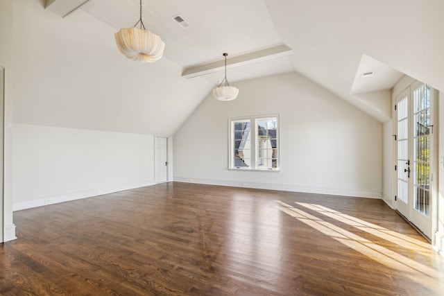 bonus room featuring a wealth of natural light, french doors, lofted ceiling with beams, and dark hardwood / wood-style floors