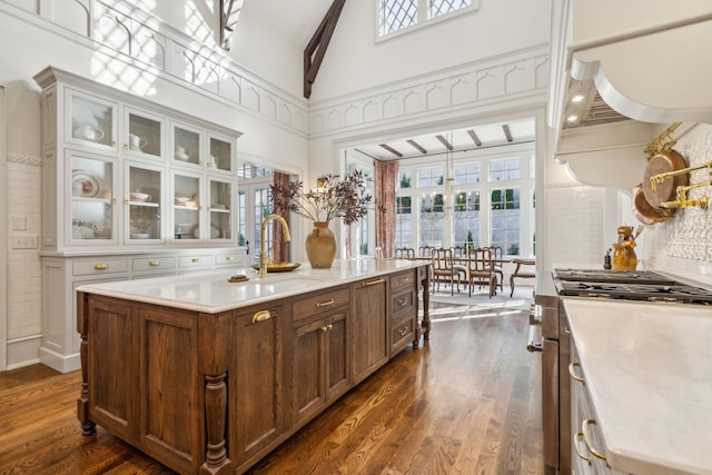 kitchen with plenty of natural light, a center island with sink, a towering ceiling, and high end stainless steel range oven