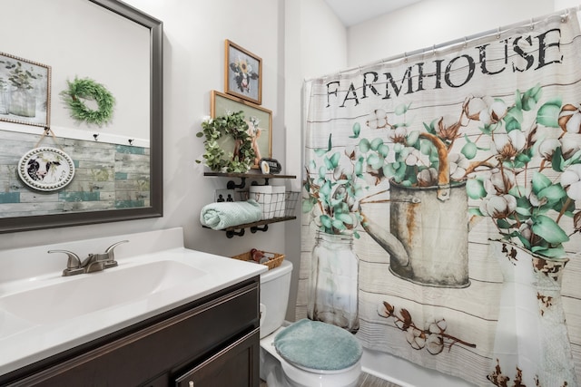 full bathroom with vanity, toilet, and shower / bathtub combination with curtain