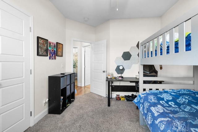 bedroom featuring carpet flooring and ceiling fan