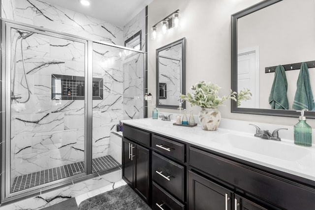 bathroom featuring vanity and walk in shower