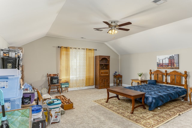 bedroom featuring ceiling fan, lofted ceiling, and carpet floors