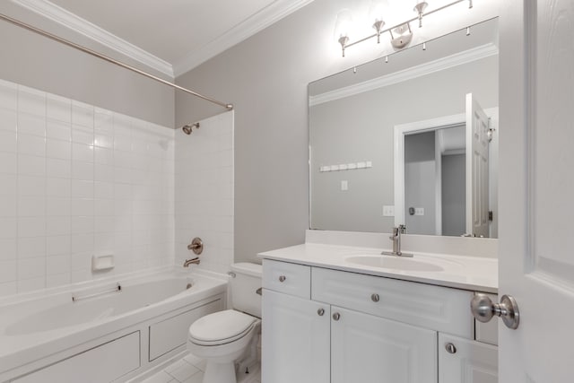 full bathroom with tile patterned floors, vanity, shower / washtub combination, crown molding, and toilet