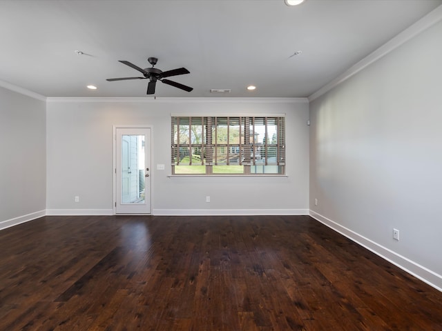 unfurnished room with ceiling fan, dark hardwood / wood-style floors, and ornamental molding