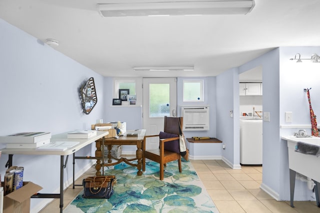 tiled home office with washer / clothes dryer and heating unit