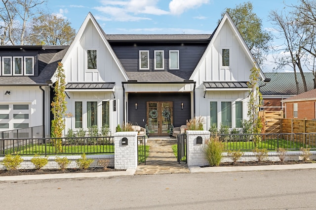 modern farmhouse featuring french doors