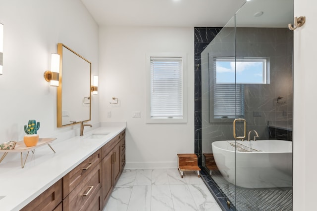 bathroom featuring plus walk in shower and vanity