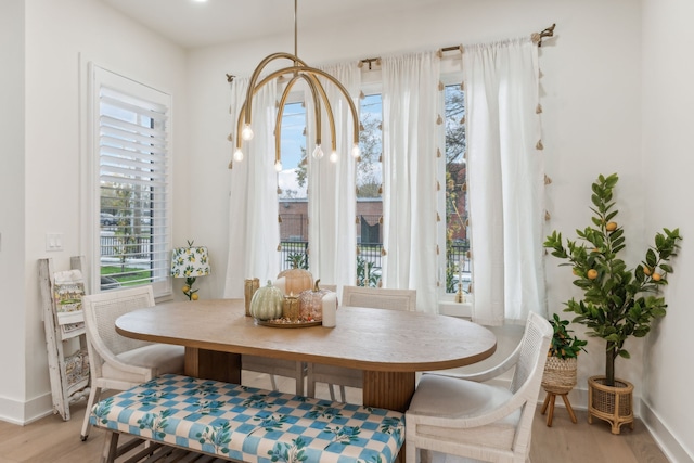 dining space with plenty of natural light and light hardwood / wood-style floors