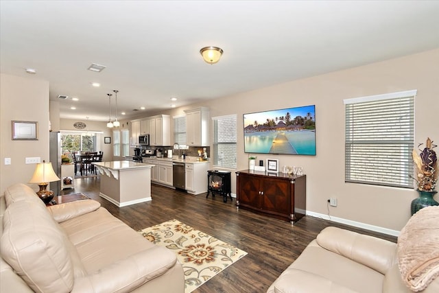 living room with dark hardwood / wood-style floors and sink