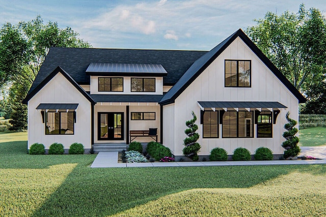 modern inspired farmhouse featuring covered porch and a front lawn