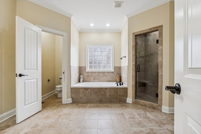 bathroom with toilet, tile patterned flooring, crown molding, and independent shower and bath