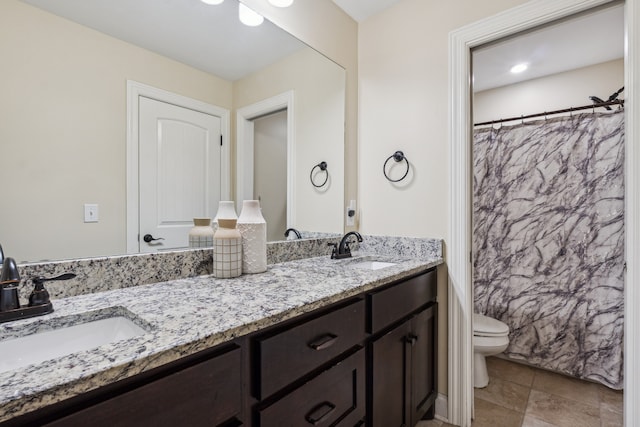 full bathroom featuring shower / bath combination with curtain, vanity, and toilet