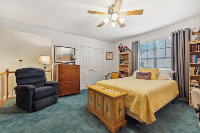 carpeted bedroom with ceiling fan and a closet