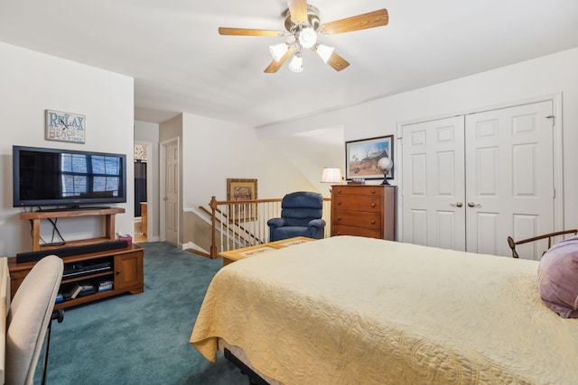 carpeted bedroom featuring a closet and ceiling fan