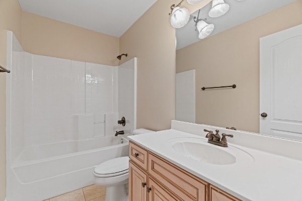 full bathroom featuring tile patterned flooring, shower / tub combination, vanity, and toilet