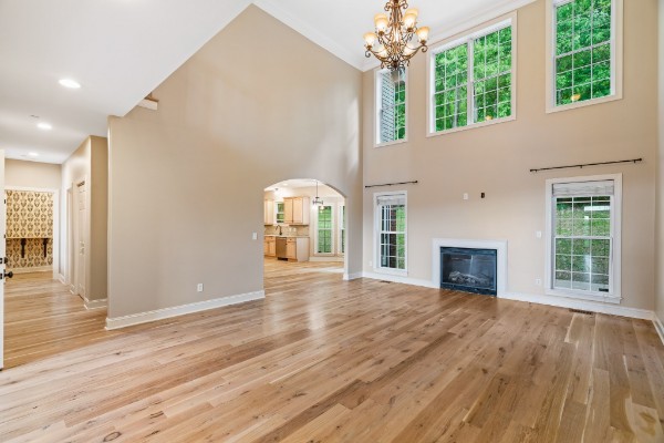 unfurnished living room with a high ceiling, light hardwood / wood-style flooring, and a wealth of natural light