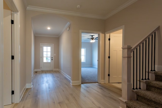 foyer entrance with ceiling fan, light wood-type flooring, and crown molding