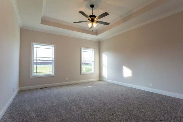 carpeted spare room featuring ceiling fan, ornamental molding, and a raised ceiling