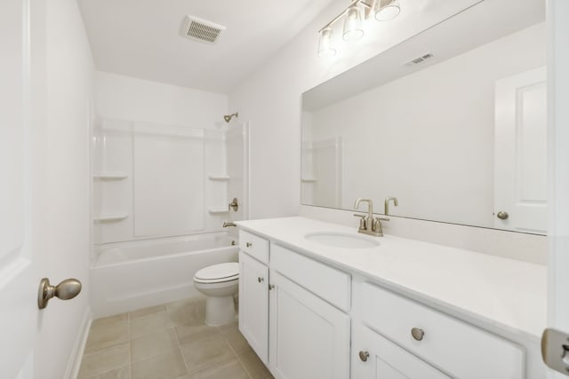 full bathroom with tile patterned floors, vanity, toilet, and washtub / shower combination