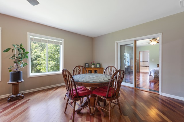 dining room featuring hardwood / wood-style flooring and ceiling fan