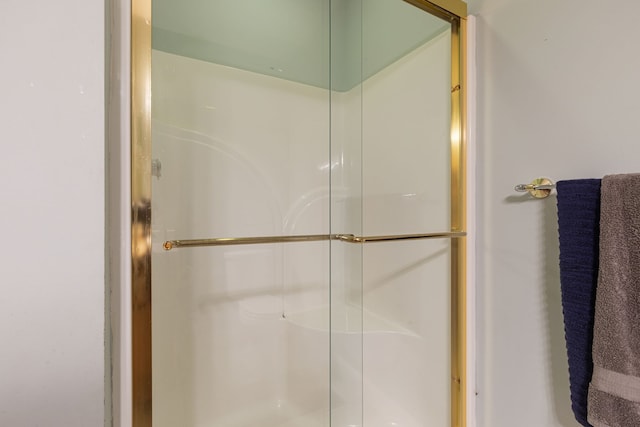 bathroom with a shower with door