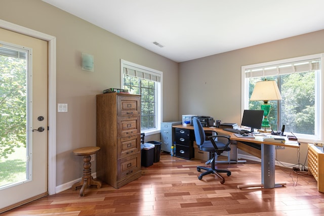 office space featuring a healthy amount of sunlight and light hardwood / wood-style floors