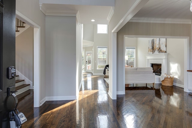 entrance foyer with dark hardwood / wood-style flooring and ornamental molding